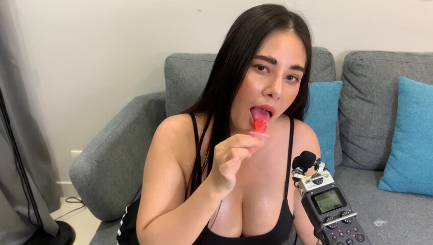 ASMR Wan - ASMR licking Push Pop and diamond ring - Oiled Boobs