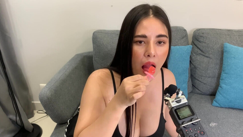 ASMR Wan - ASMR licking Push Pop and diamond ring - Oiled Boobs