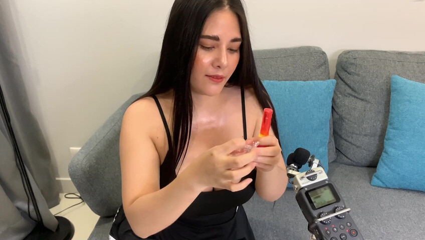 ASMR Wan - ASMR licking Push Pop and diamond ring - Oiled Boobs