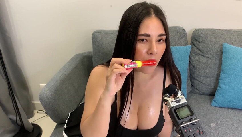 ASMR Wan - ASMR licking Push Pop and diamond ring - Oiled Boobs