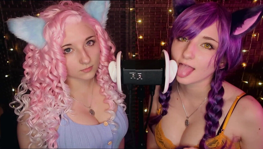 AftynRose ASMR - Twin Kittens intense ahegao ear eating