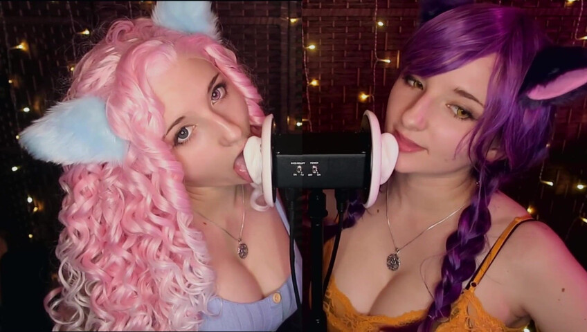 AftynRose ASMR - Twin Kittens intense ahegao ear eating