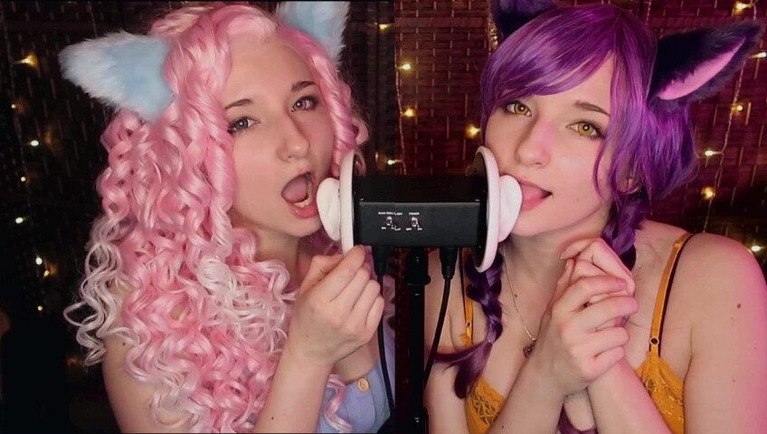 AftynRose ASMR - Twin Kittens intense ahegao ear eating