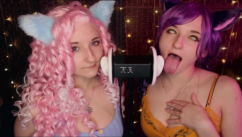 AftynRose ASMR - Twin Kittens intense ahegao ear eating