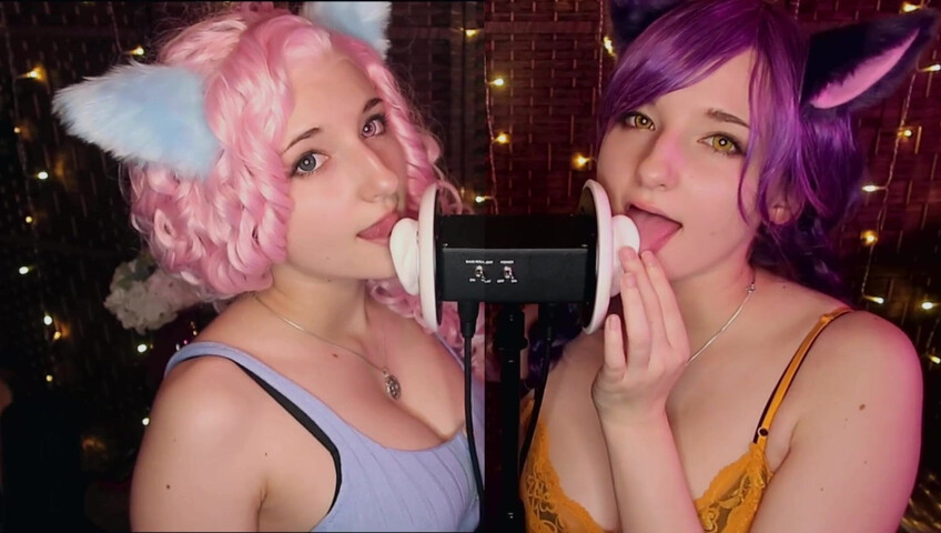AftynRose ASMR - Twin Kittens intense ahegao ear eating