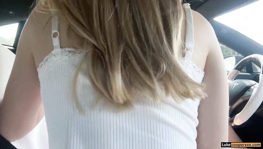 Molly Little rides Luke Cooper in a moving Tesla - Blowjob, Sex, Car, Car Blowjob, Car Sex, Cowgirl, Reverse Cowgirl, Blonde, Blonde Blowjob, Petite, Petite Blowjob, Skirt, Miniskirt, Small Tits, Public, Risky Play