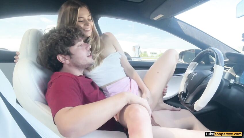Molly Little rides Luke Cooper in a moving Tesla - Blowjob, Sex, Car, Car Blowjob, Car Sex, Cowgirl, Reverse Cowgirl, Blonde, Blonde Blowjob, Petite, Petite Blowjob, Skirt, Miniskirt, Small Tits, Public, Risky Play