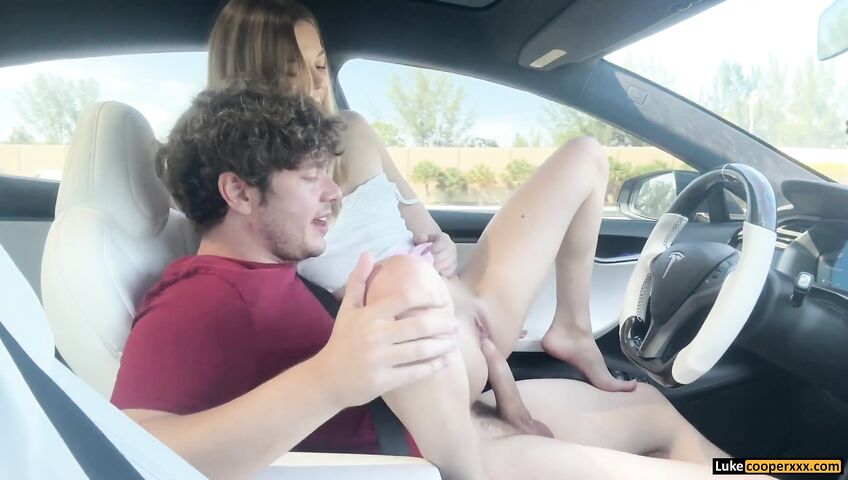 Molly Little rides Luke Cooper in a moving Tesla - Blowjob, Sex, Car, Car Blowjob, Car Sex, Cowgirl, Reverse Cowgirl, Blonde, Blonde Blowjob, Petite, Petite Blowjob, Skirt, Miniskirt, Small Tits, Public, Risky Play
