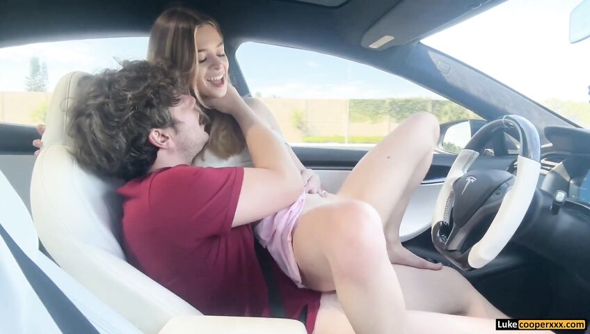 Molly Little rides Luke Cooper in a moving Tesla - Blowjob, Sex, Car, Car Blowjob, Car Sex, Cowgirl, Reverse Cowgirl, Blonde, Blonde Blowjob, Petite, Petite Blowjob, Skirt, Miniskirt, Small Tits, Public, Risky Play