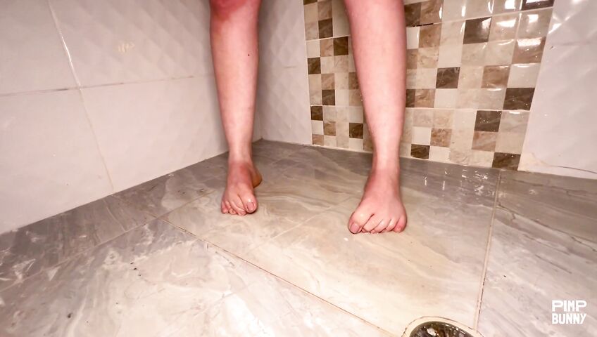 Two Wet Thongs In The Shower - Striptease, Tattoos, Lingerie, Shower, Piss, Ass, Shaved Pussy, Peeing, Bathroom, Teasing