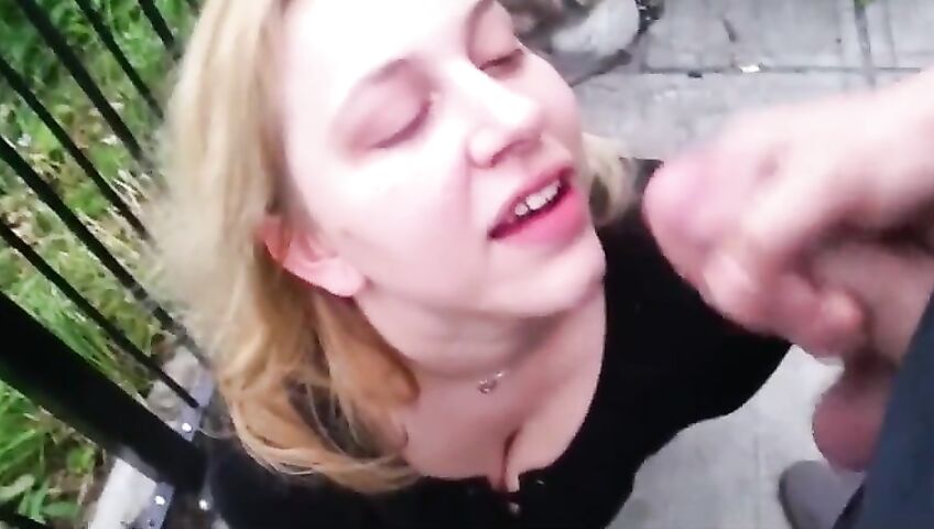 Blonde Takes Cumshot Outside