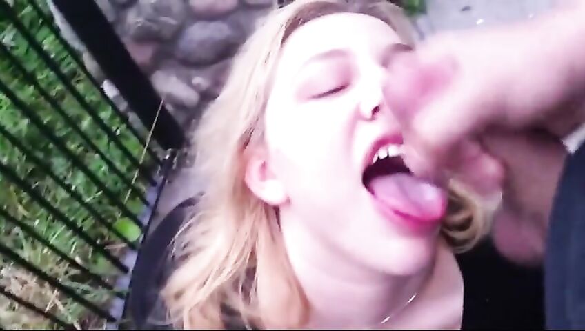 Blonde Takes Cumshot Outside