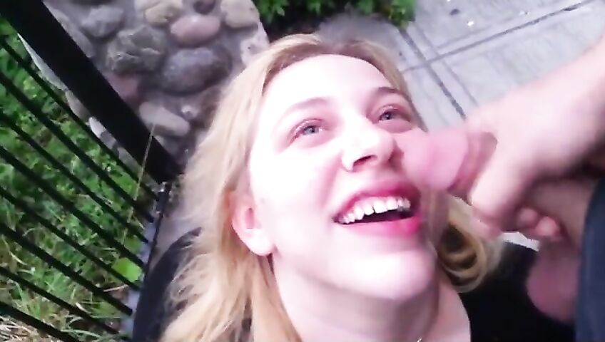 Blonde Takes Cumshot Outside