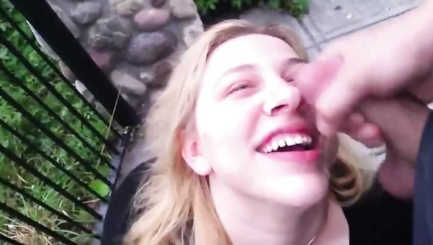 Blonde Takes Cumshot Outside