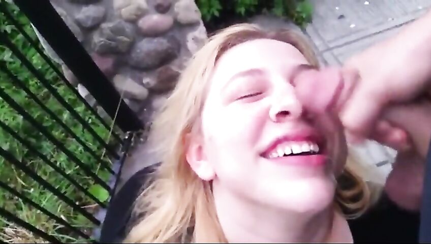 Blonde Takes Cumshot Outside
