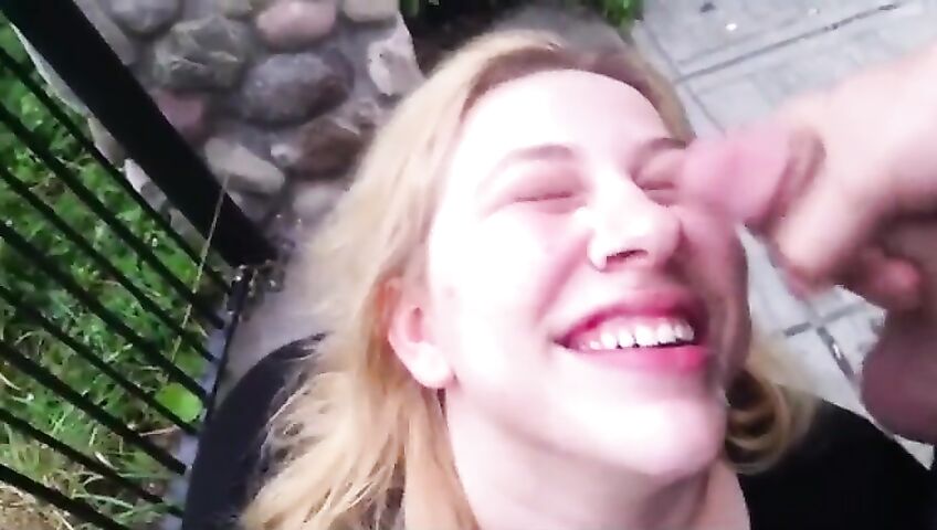 Blonde Takes Cumshot Outside