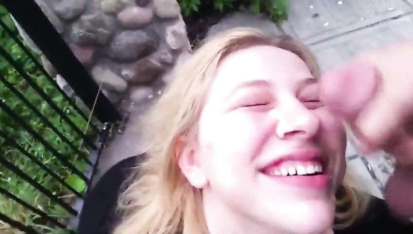 Blonde Takes Cumshot Outside