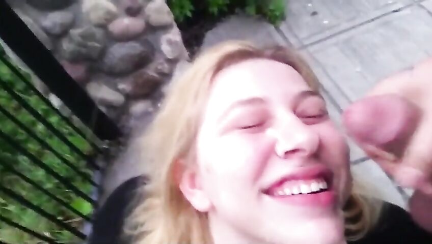 Blonde Takes Cumshot Outside