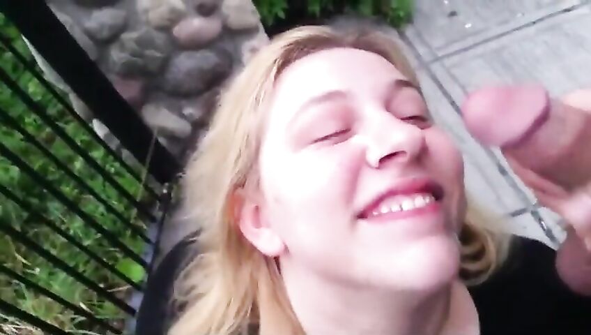 Blonde Takes Cumshot Outside