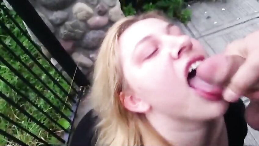 Blonde Takes Cumshot Outside
