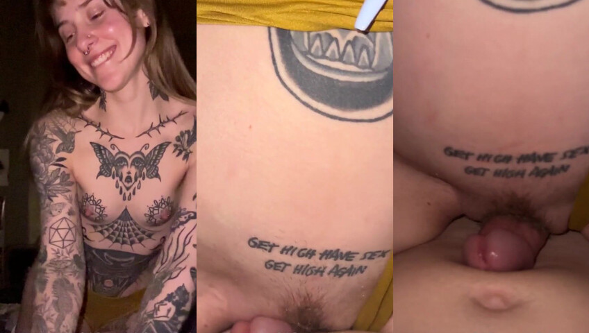 Awlivv wrijft met haar kutje over de pik van de Flesh Mechanic - pijpbeurt - tatoeages - sokken - gepiercete tepels - gothic - lange nagels - neuspiercing - brunette - wrijven - dikke kont